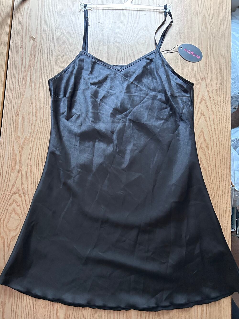New Women's Avid Love Silky Satiny Lacey Chemise Pajama Gown Black Size Xs